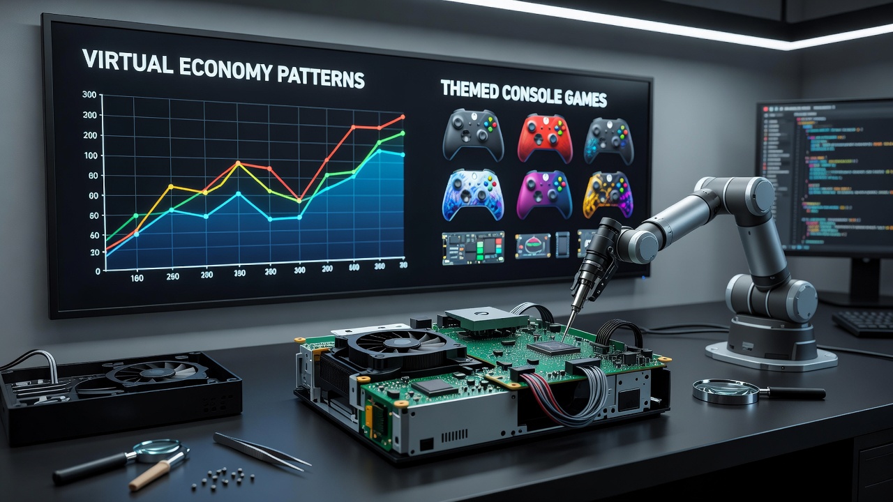 Close-up of repaired Xbox Series X internals alongside a virtual item marketplace interface on screen